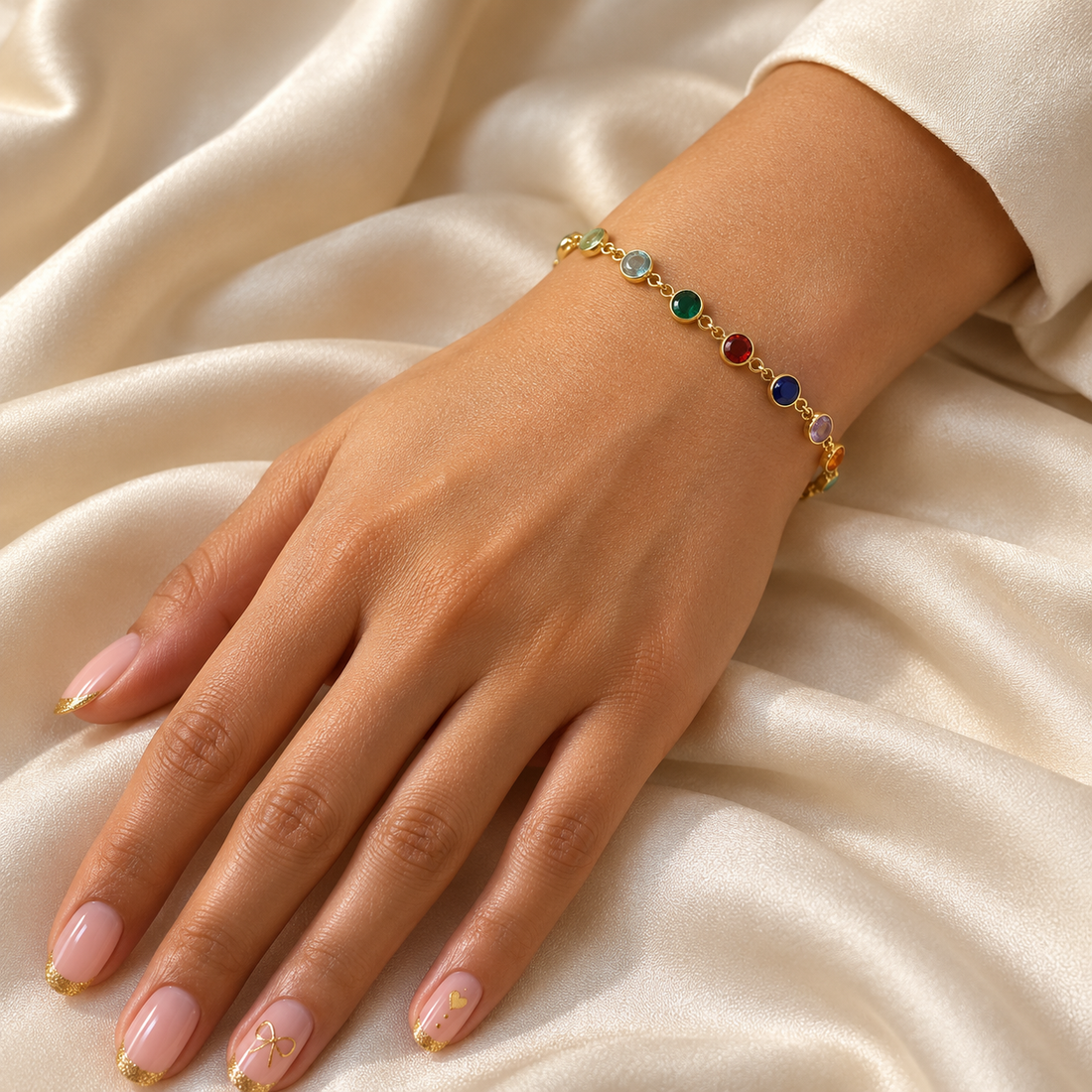 Multicolor Round Bezel-Set Station Bracelet in Yellow Gold Tone