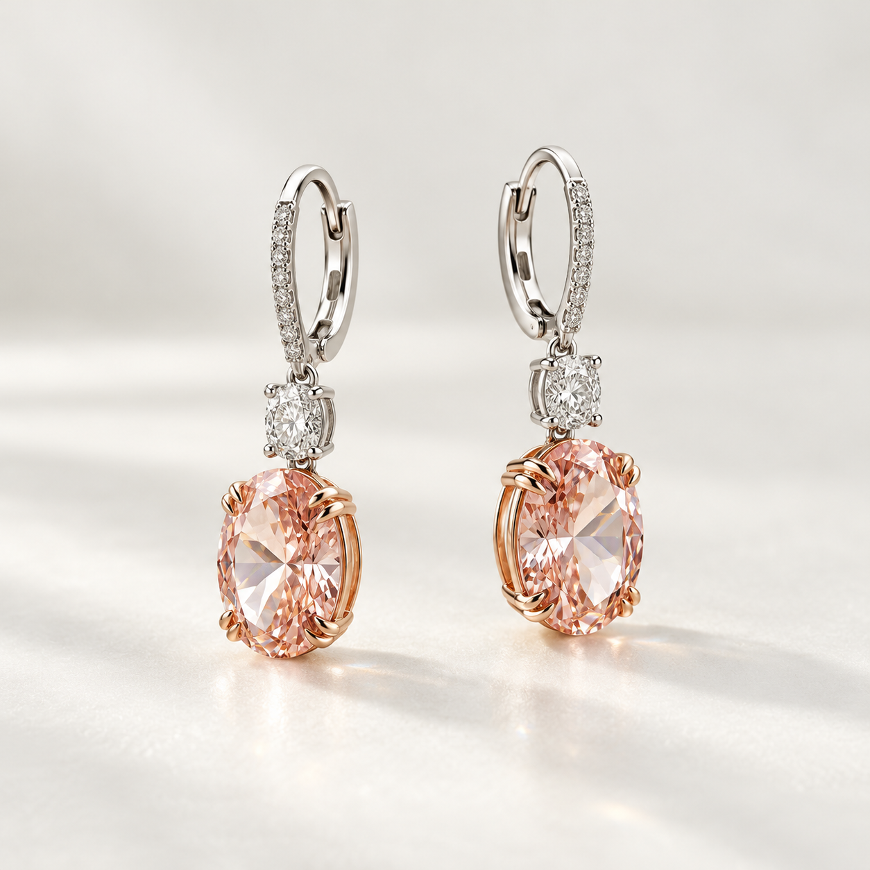 Peach Oval Stone Drop Earrings in Two Tone Gold Finish
