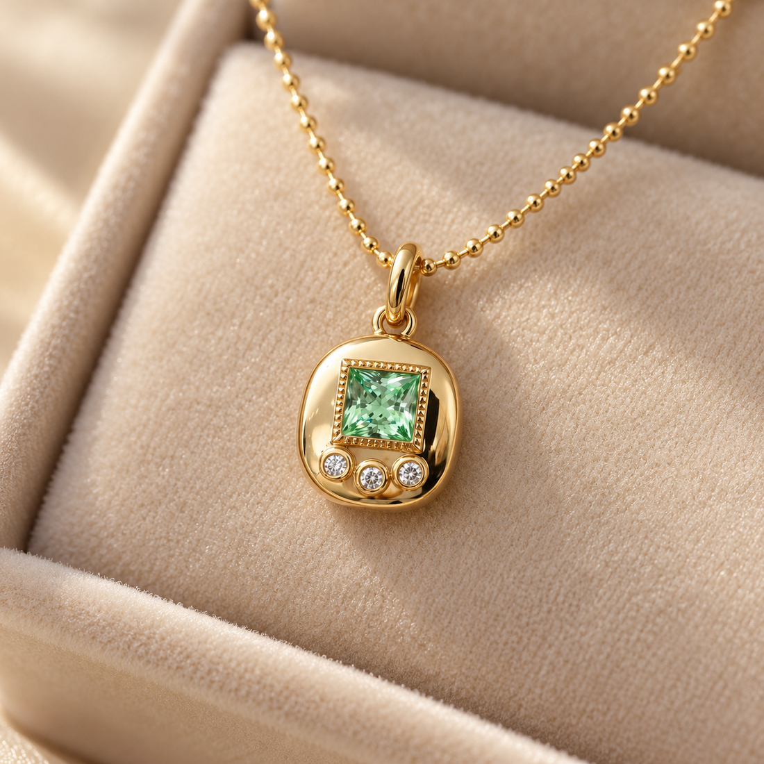 Princess Cut Green Stone Yellow Gold Disc Pendant Necklace