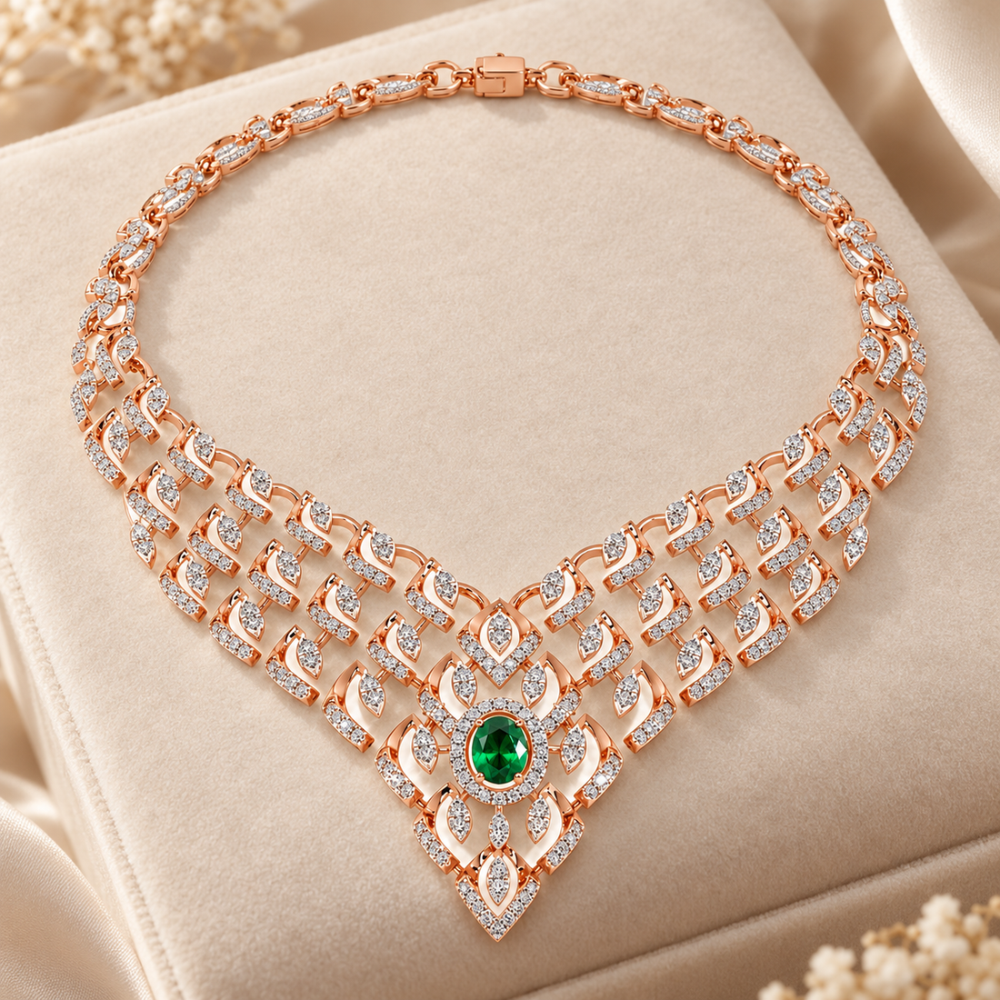 Green Oval Halo Rose Gold Geometric Bridal Statement Necklace
