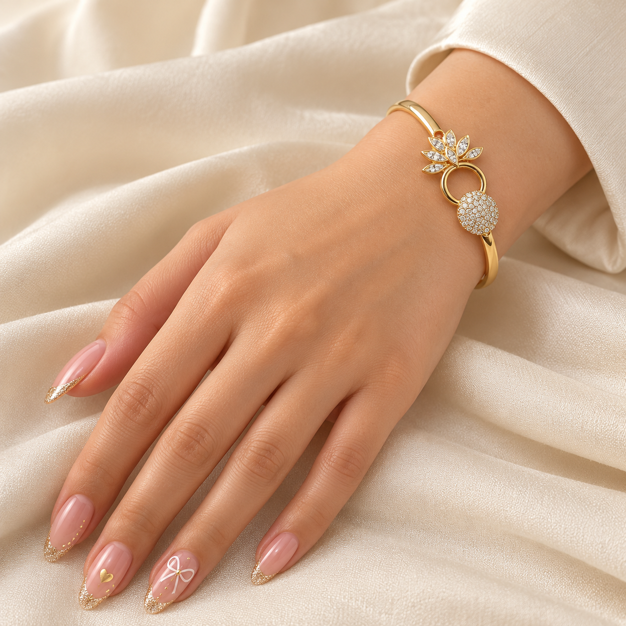 Yellow Gold-Tone Pavé Disc & Leaf Open Circle Bangle Bracelet