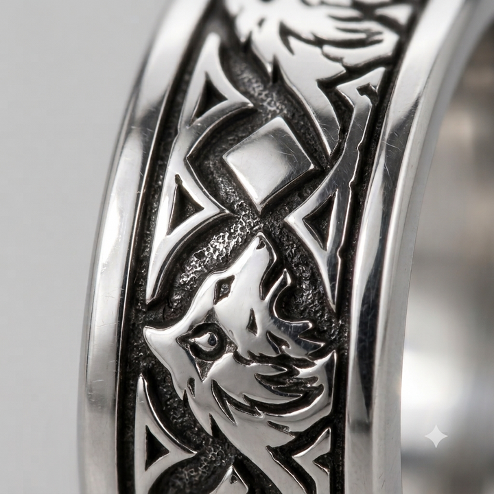 Howling Wolf Animal Motif Silver Tone Celtic Statement Ring