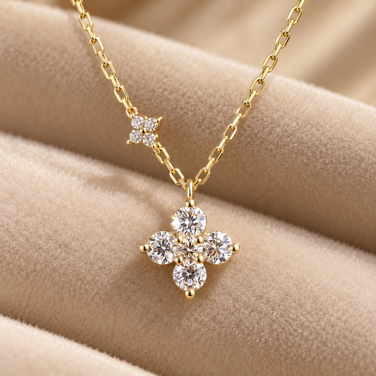 Four Petal Round Cut Floral Cluster Yellow Gold Pendant Necklace