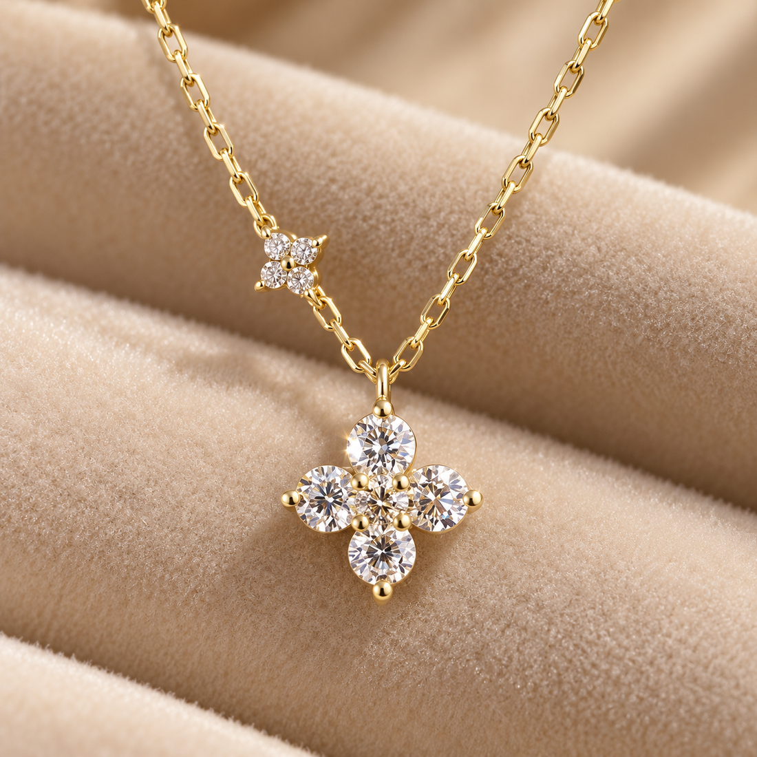 Four Petal Round Cut Floral Cluster Yellow Gold Pendant Necklace