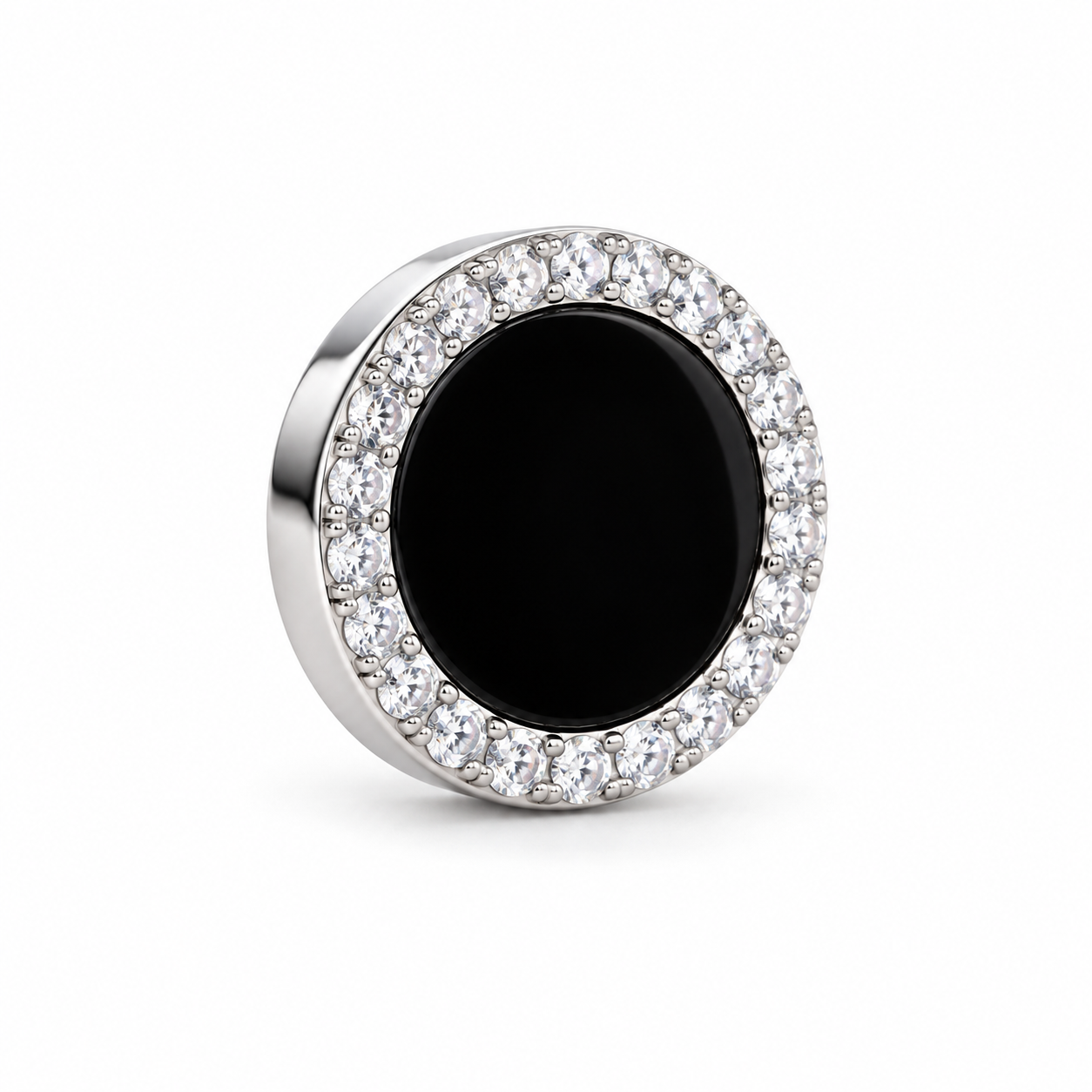 Men’s Round Black Center Halo Silver-Tone Stud Earring