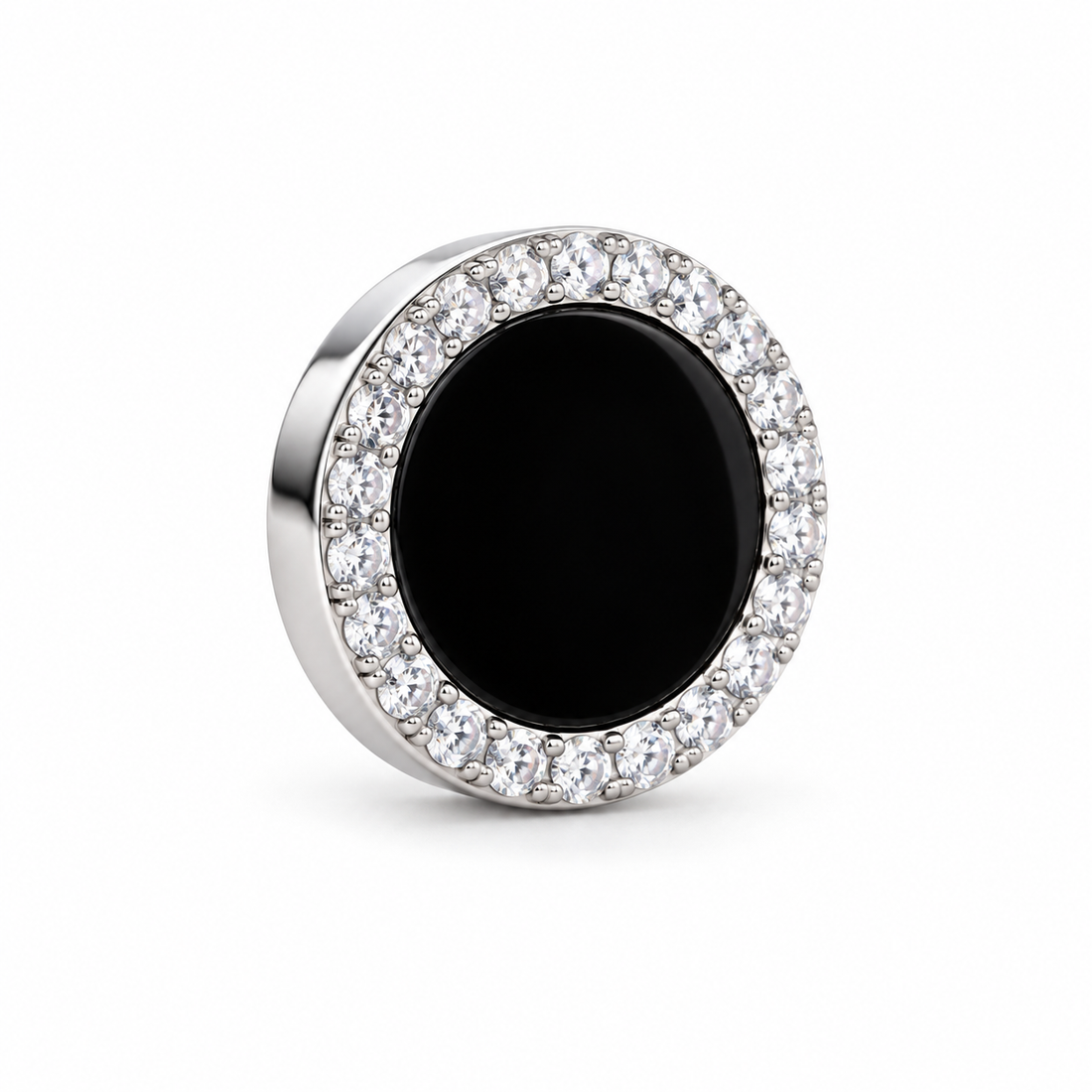 Men’s Round Black Center Halo Silver-Tone Stud Earring