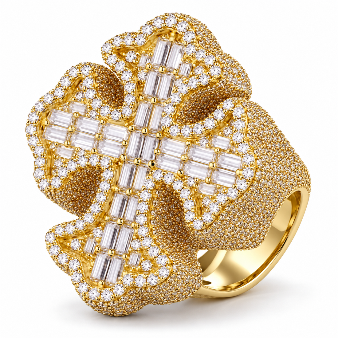 Ornate Baguette Cross Iced Out Yellow Gold-Tone Ring – Custom Hip Hop Statement Jewelry