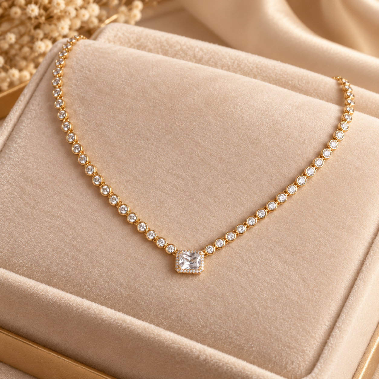 Princess Cut Halo Bezel Set Yellow Gold Tennis Necklace