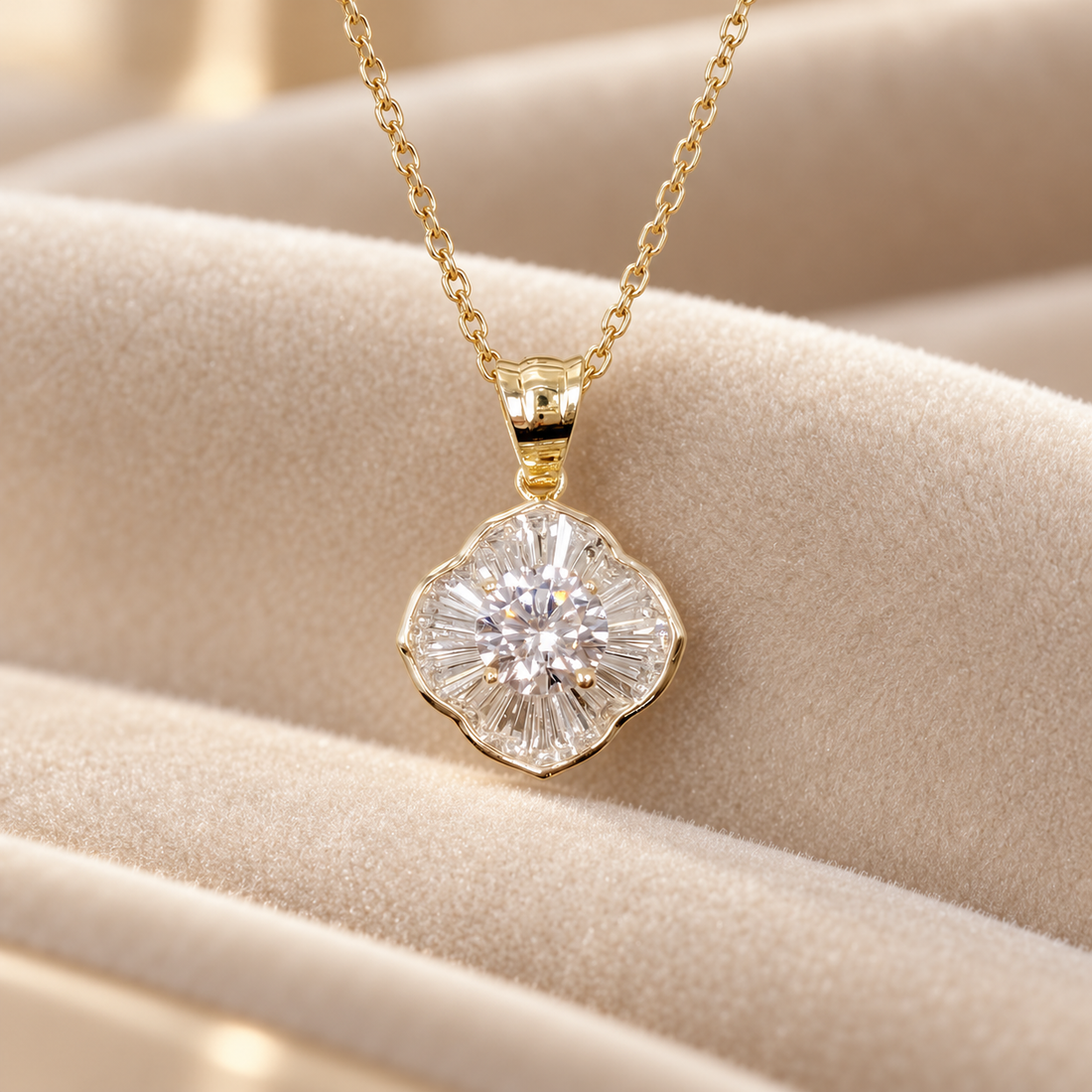 Round Cut Baguette Halo Floral Yellow Gold Pendant Necklace