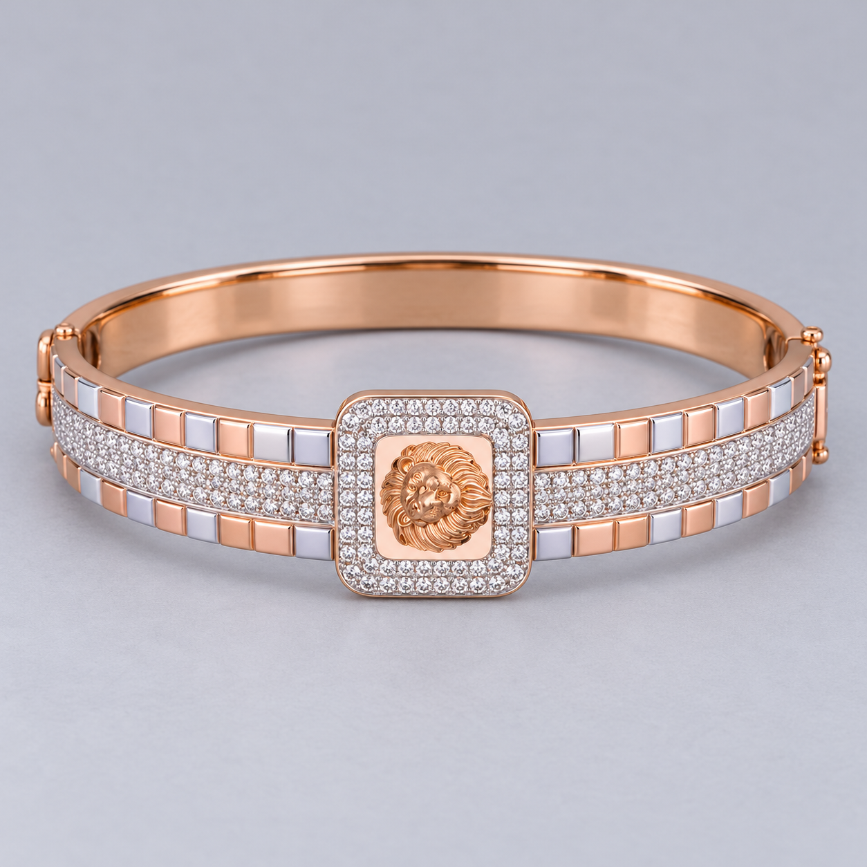 Two-Tone Rose Gold Lion Head Square Halo Pavé Bangle