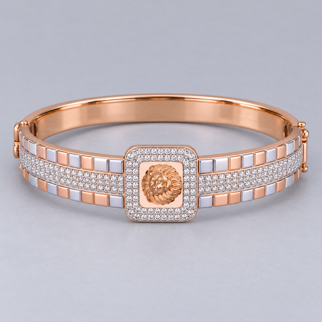 Two-Tone Rose Gold Lion Head Square Halo Pavé Bangle