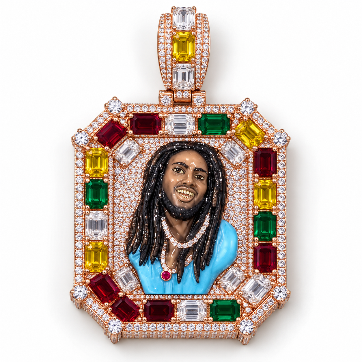 Multicolor Portrait Iced Out Rose Gold-Tone Pendant – Custom Hip Hop Statement Jewelry