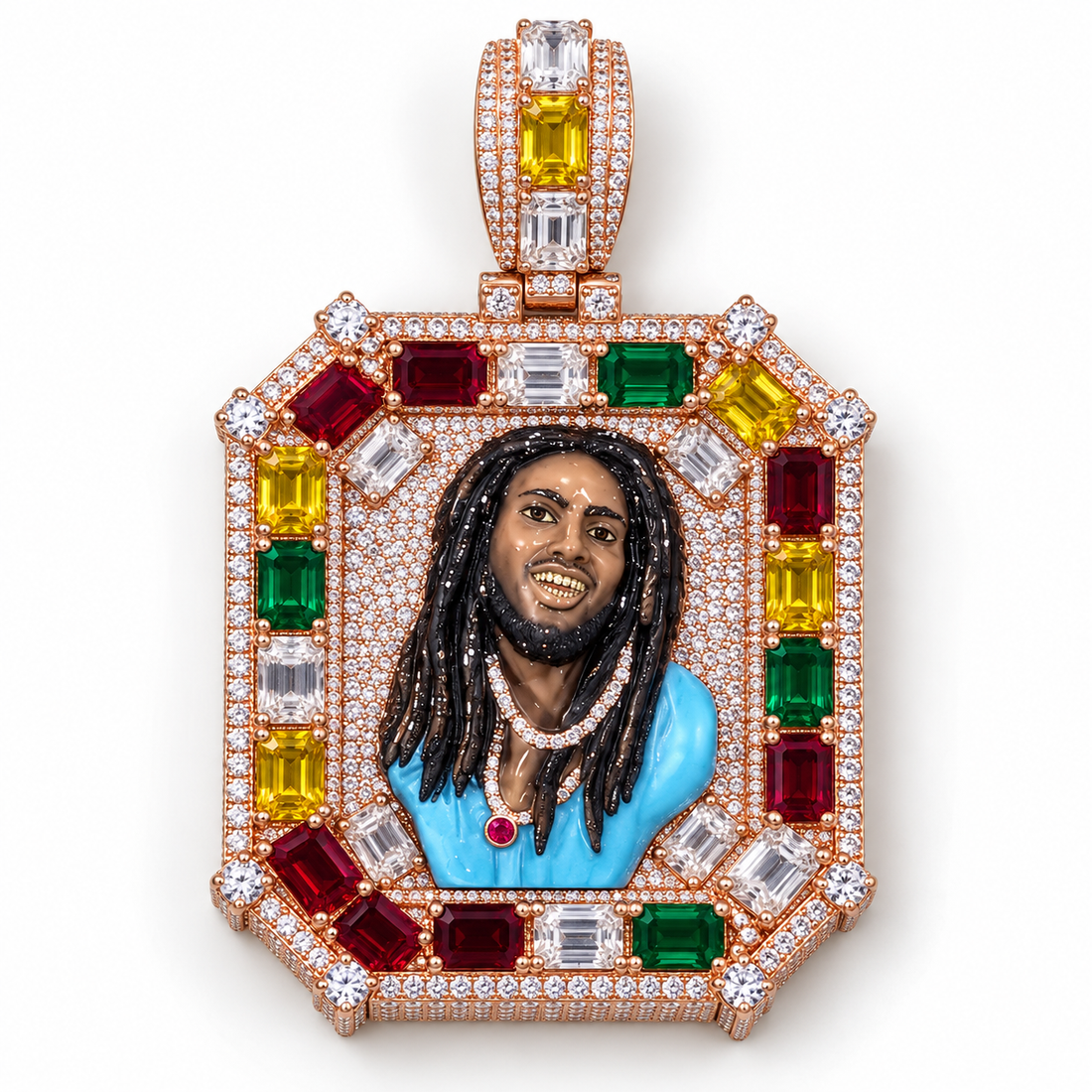 Multicolor Portrait Iced Out Rose Gold-Tone Pendant – Custom Hip Hop Statement Jewelry
