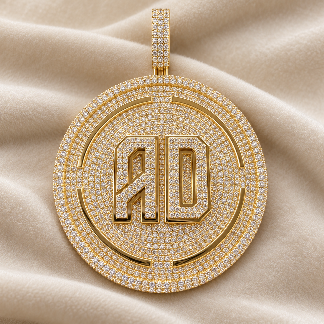 Custom AD Initial Round Medallion Pendant – Iced Out Gold Tone Hip Hop Jewelry