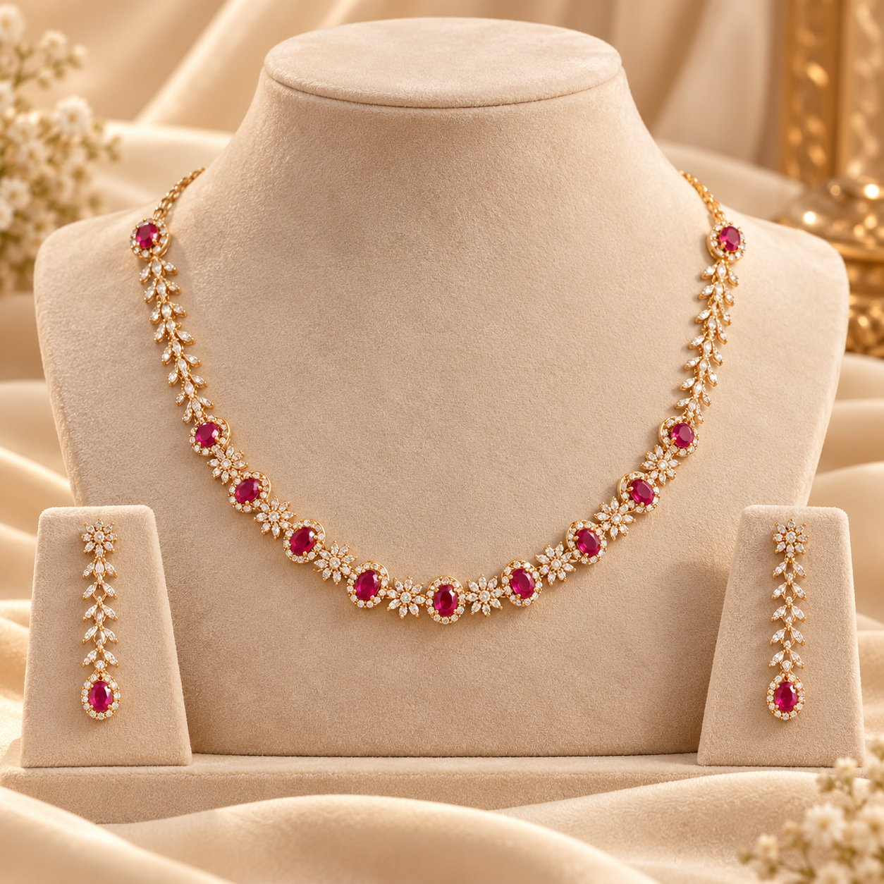 Ruby Pink Oval Cut Halo Yellow Gold Bridal Necklace & Earrings Set