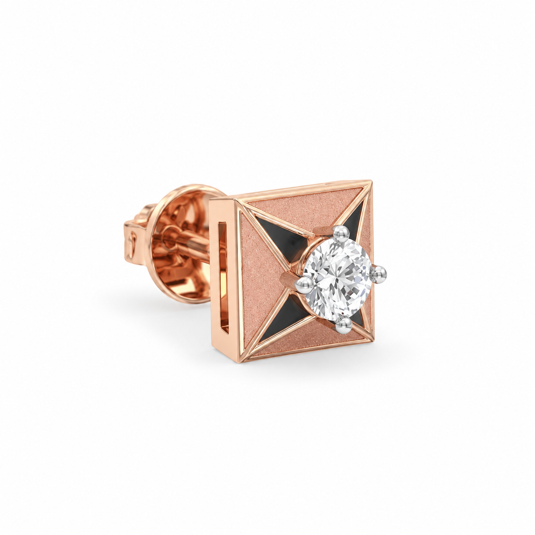 Men’s Square Rose Gold-Tone Stud Earring with Black Accents and Round Center Stone