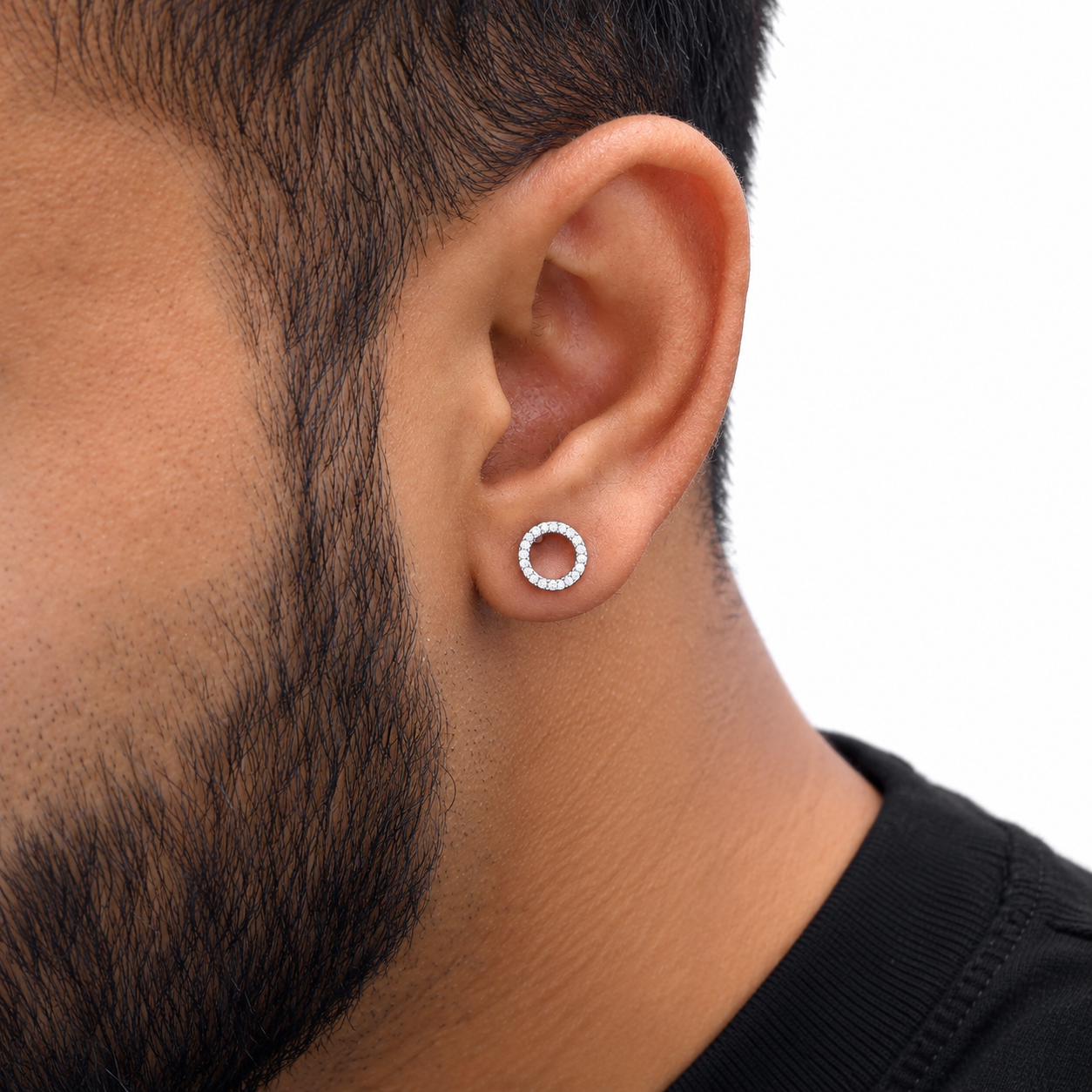 Men’s Open Circle Round Stone Silver-Tone Stud Earring