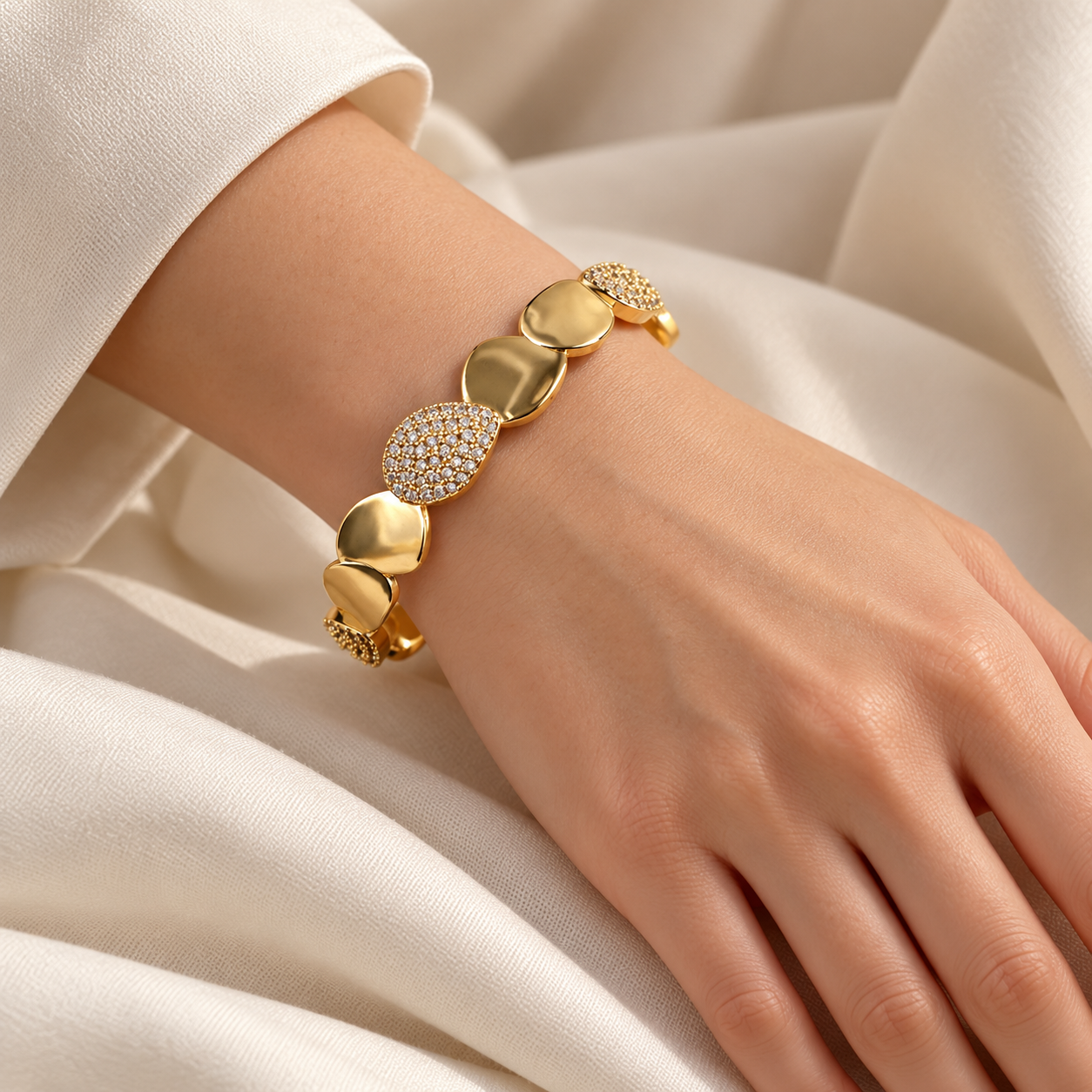 Clear Stone Pavé Pebble Yellow Gold-Tone Open Cuff Bracelet