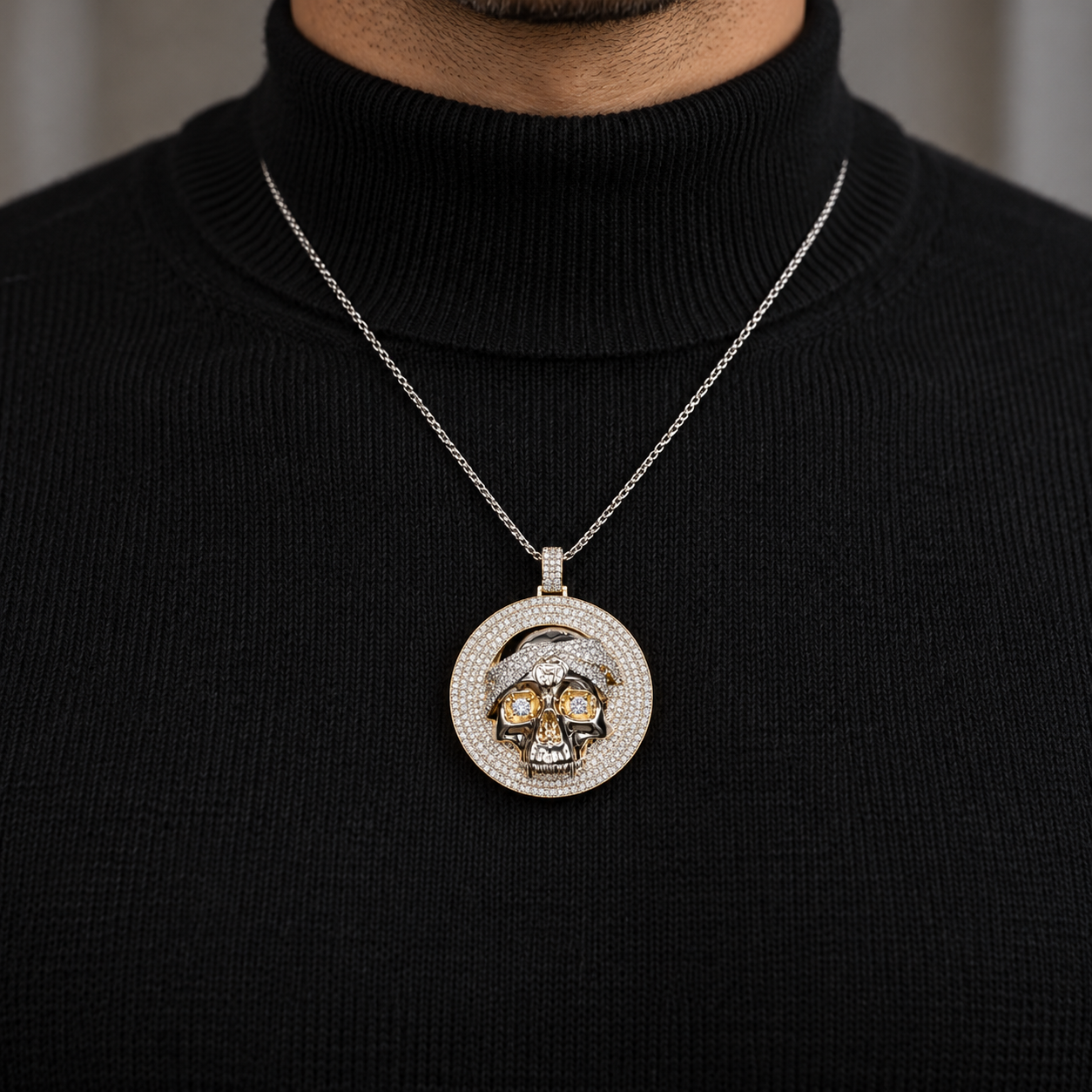 Pirate Skull Round Pavé Pendant with Two-Tone Detailing and Clear Stone Eyes