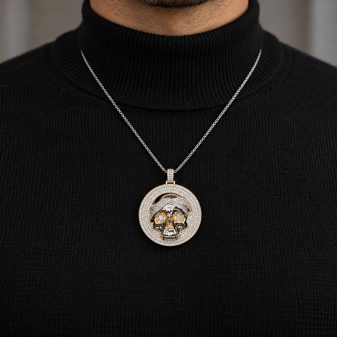 Pirate Skull Round Pavé Pendant with Two-Tone Detailing and Clear Stone Eyes
