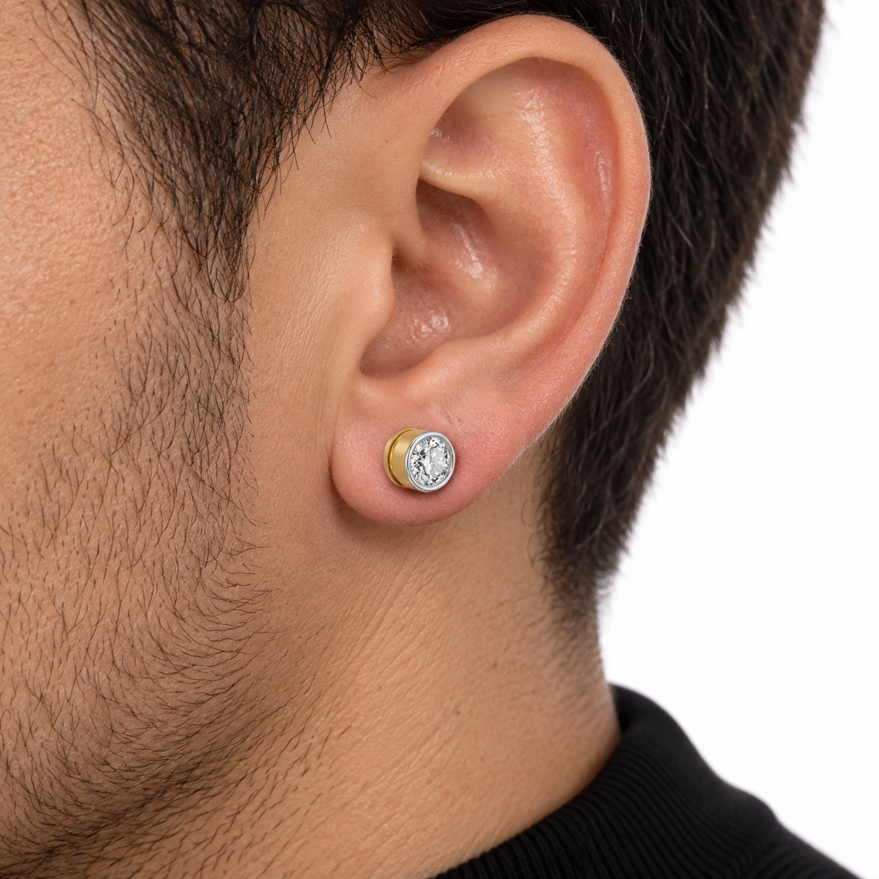 Men’s Round Solitaire Two-Tone Bezel Stud Earring