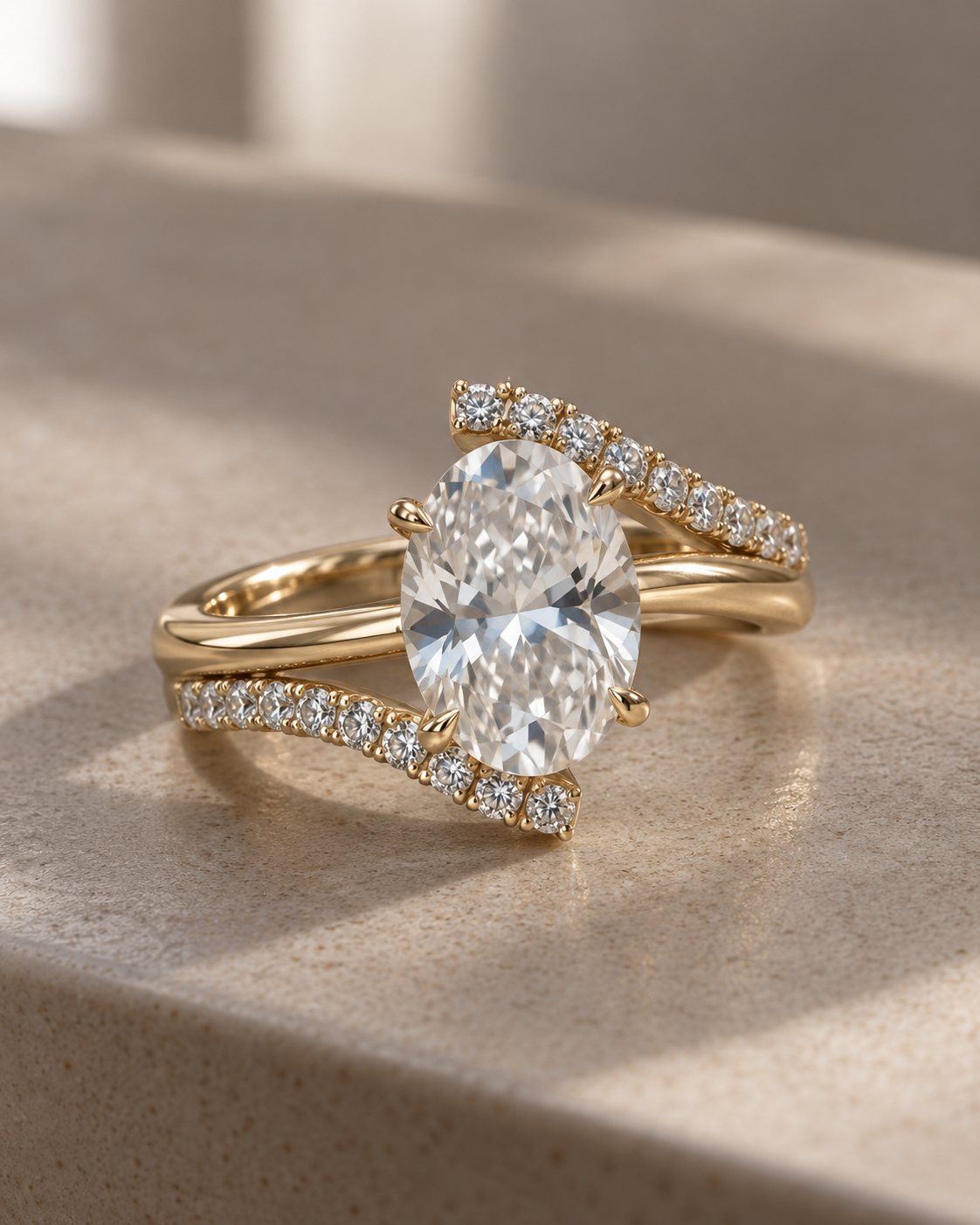 Oval Clear Stone Bypass Split Band Ring in Yellow Gold Tone