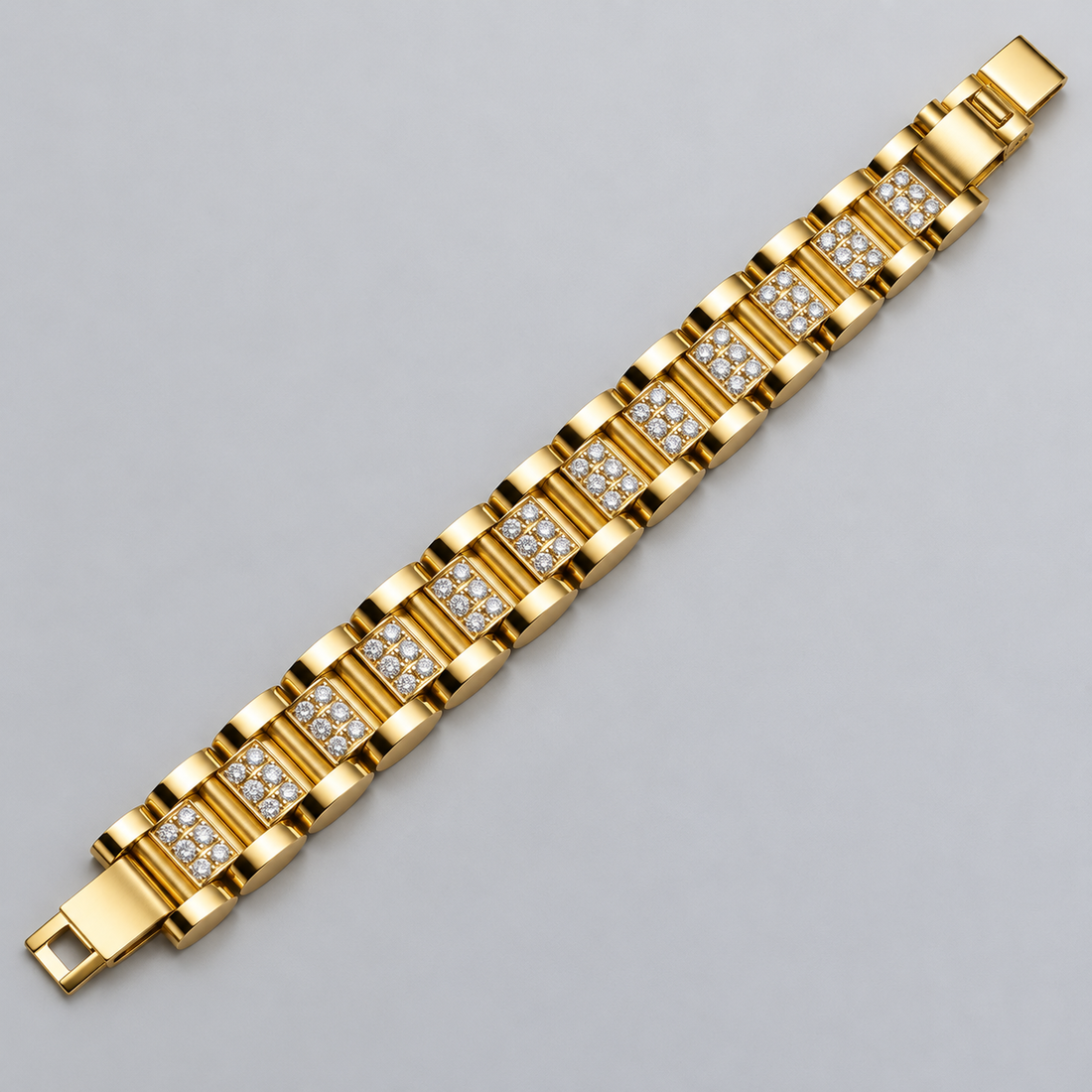 Gold-Tone Clear Stone Rectangular Panel Link Bracelet