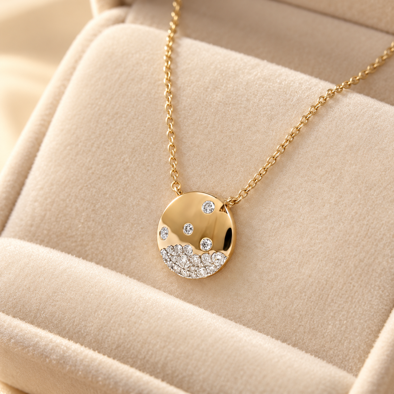 Round Disc Scattered Stone Yellow Gold Pendant Necklace