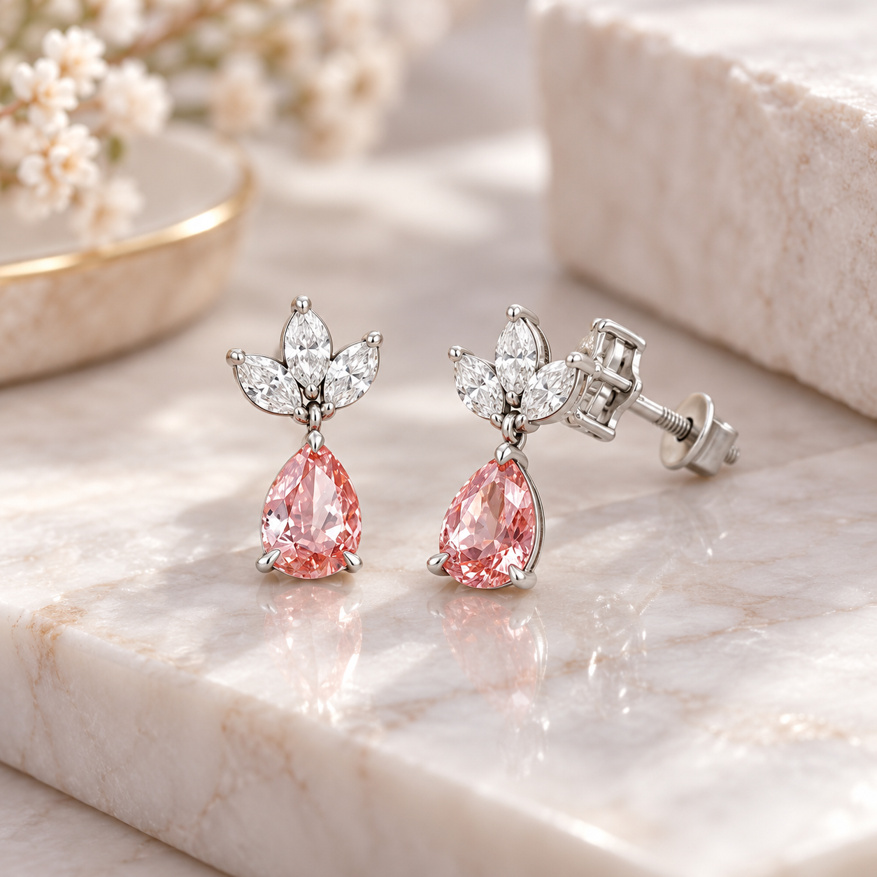 Pink Pear Drop Earrings with Marquise Leaf Cluster