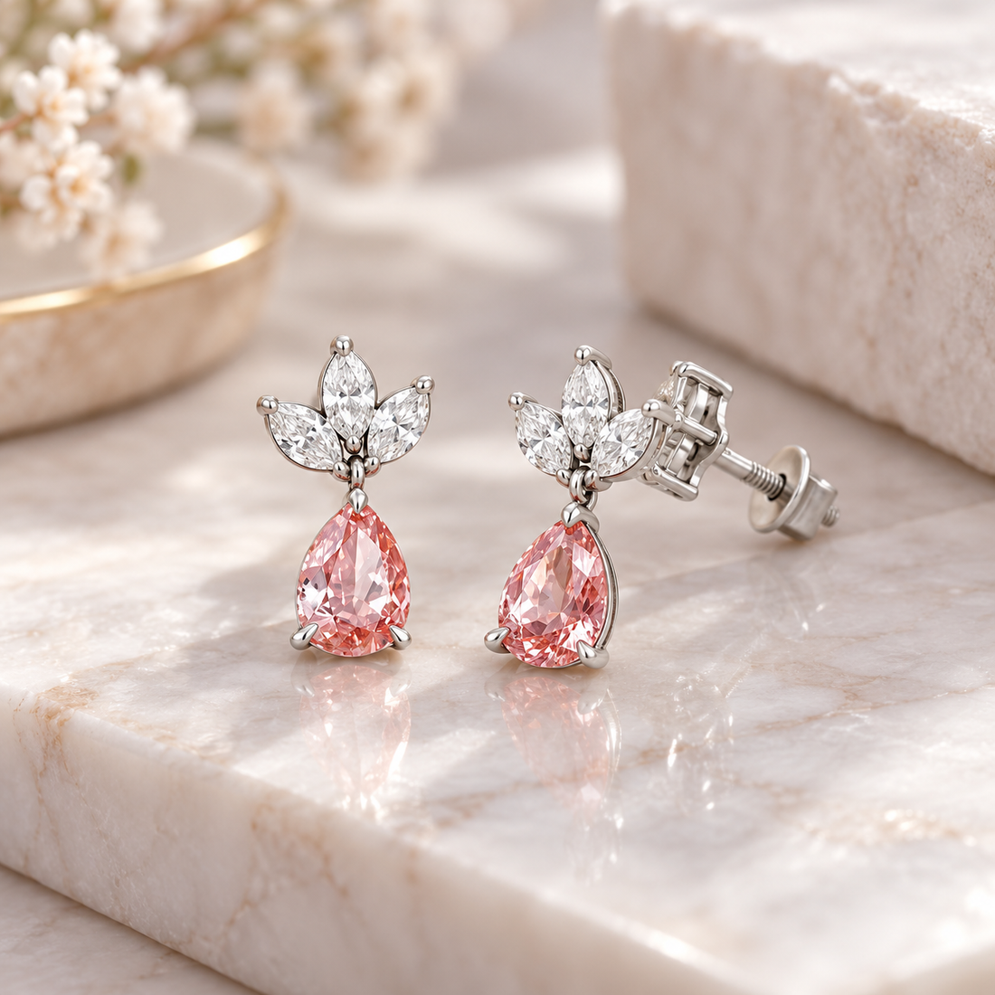 Pink Pear Drop Earrings with Marquise Leaf Cluster