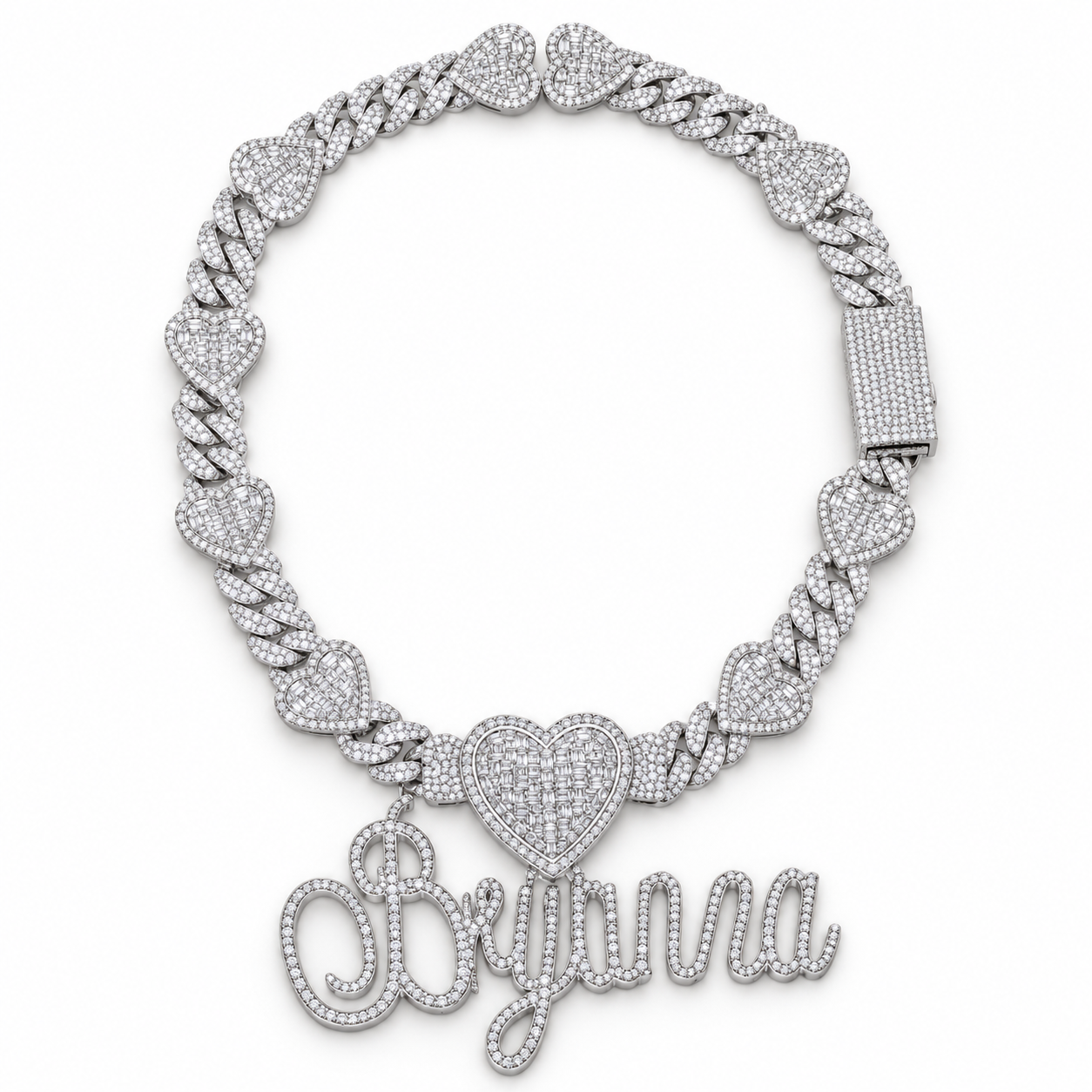 Custom Script Name & Heart Cuban Link Necklace – White Gold-Tone Iced Out Jewelry