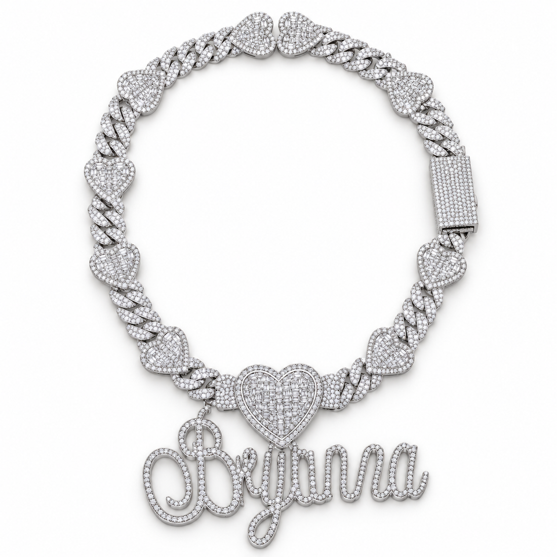 Custom Script Name & Heart Cuban Link Necklace – White Gold-Tone Iced Out Jewelry