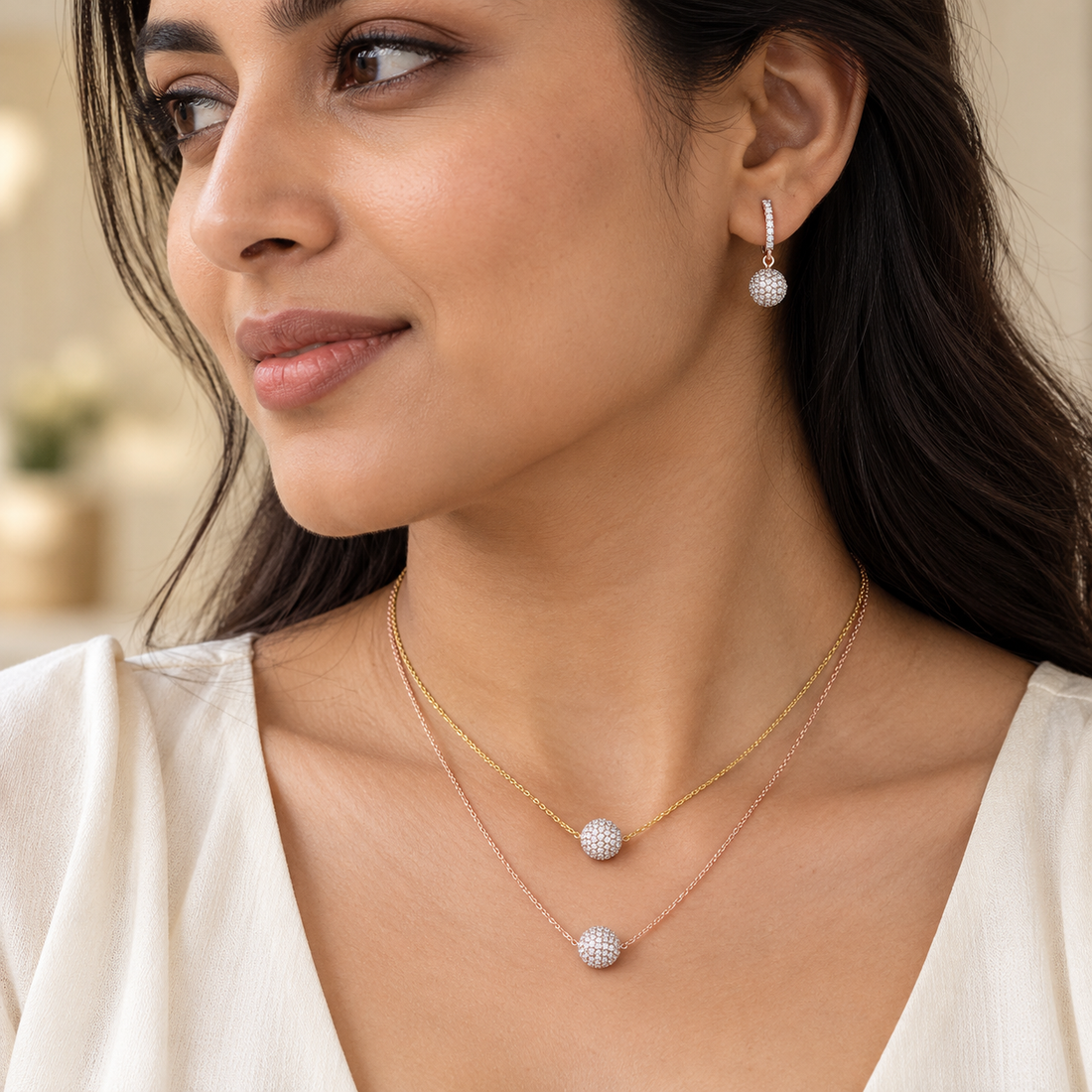 Two-Tone Layered Pavé Ball Necklace and Drop Earrings Set