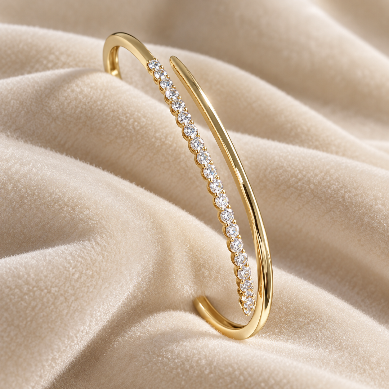 Clear Round Stone Bypass Yellow Gold-Tone Open Bangle Bracelet