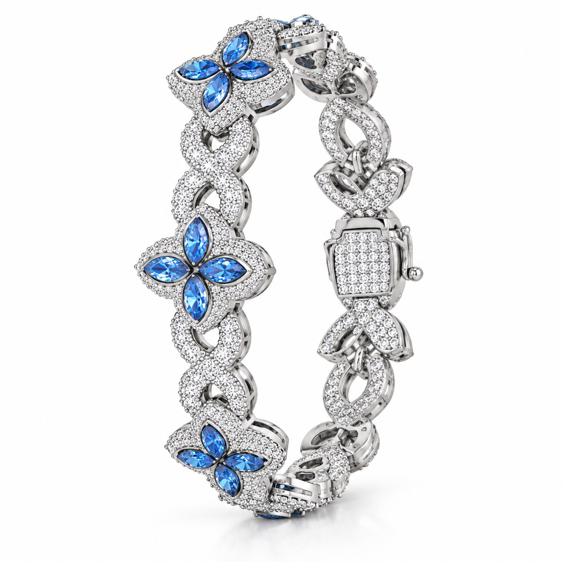 Iced Out Blue Four Petal Flower Bracelet | Custom Hip Hop Jewelry