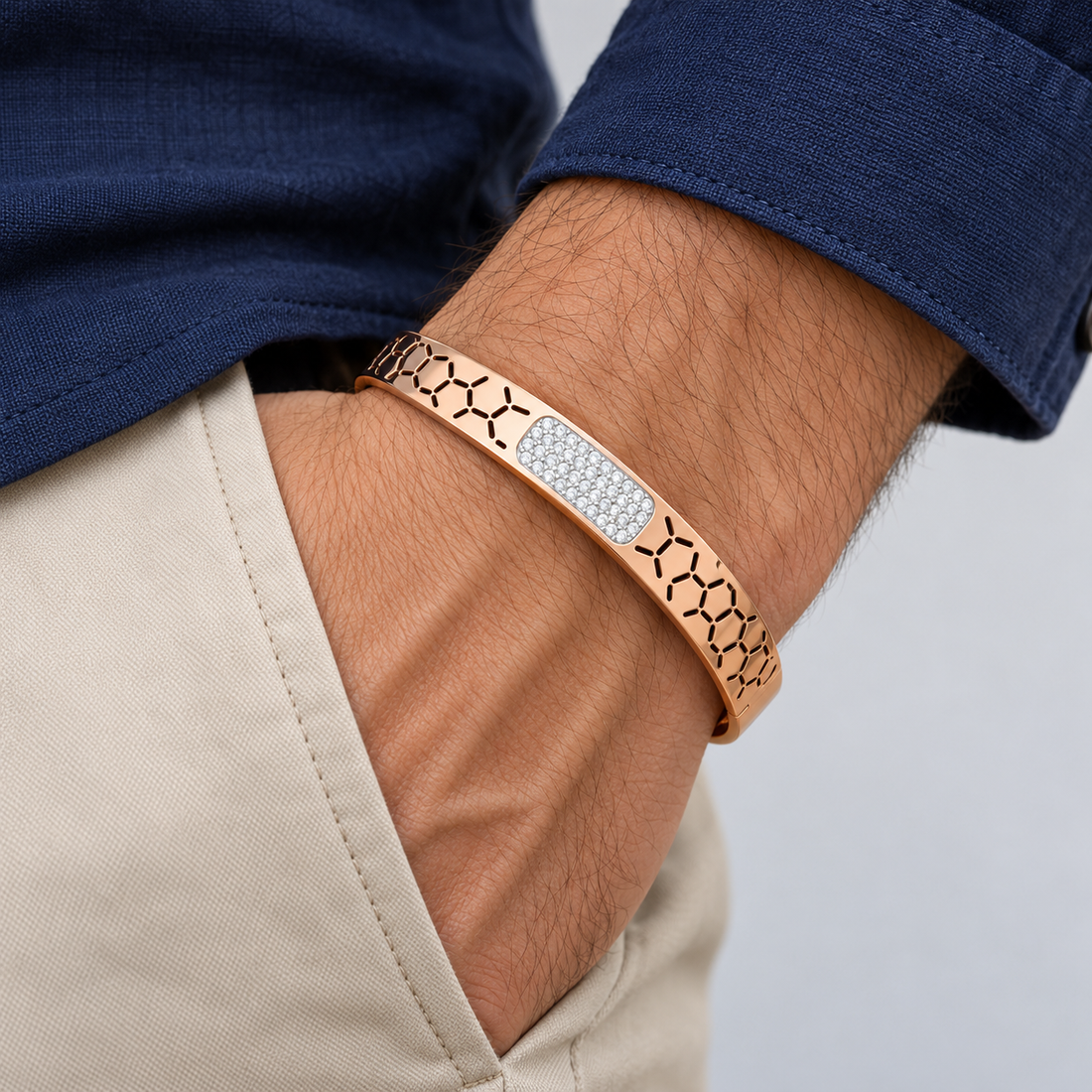 Rose Gold-Tone Honeycomb Cutout Bangle with Pavé Center Panel