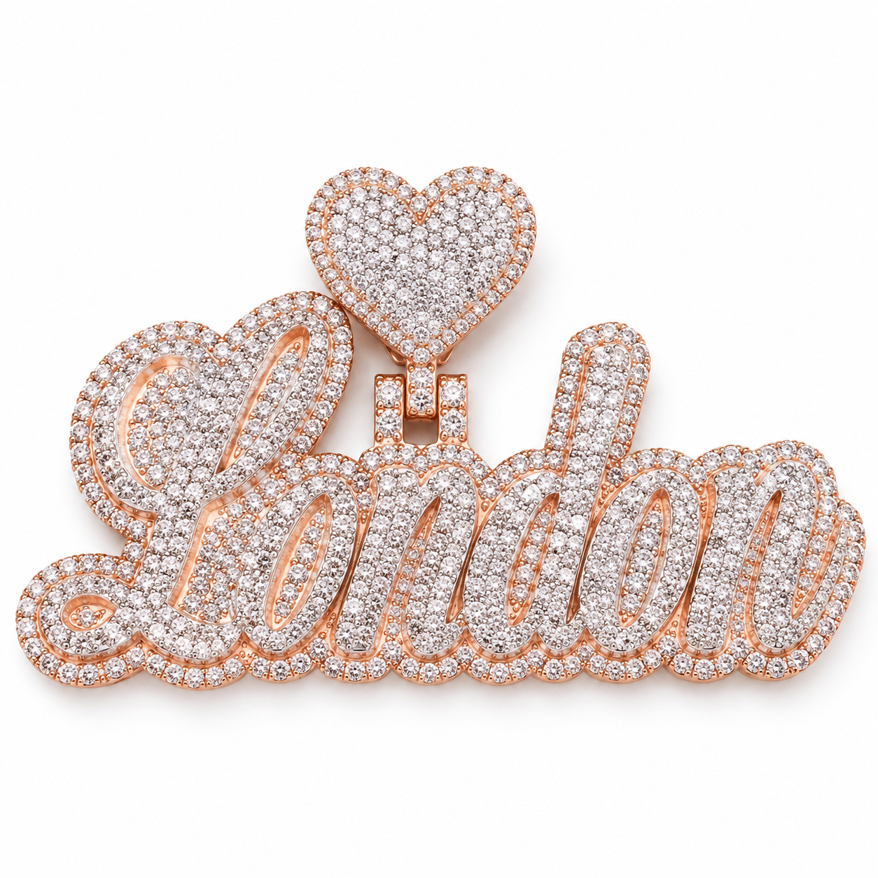 Custom Heart Script Name Iced Out Rose Gold-Tone Pendant – Personalized Hip Hop Jewelry