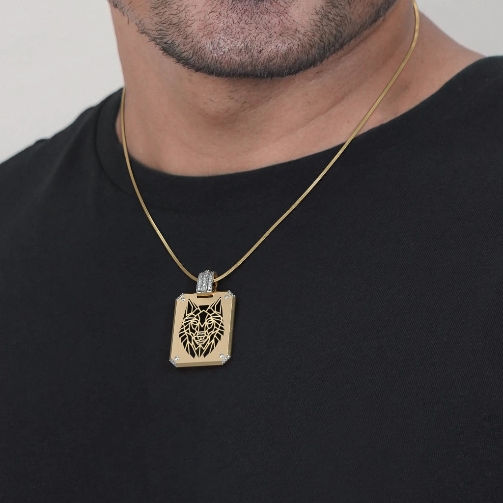 Geometric Wolf Cutout Diamond Tag Pendant