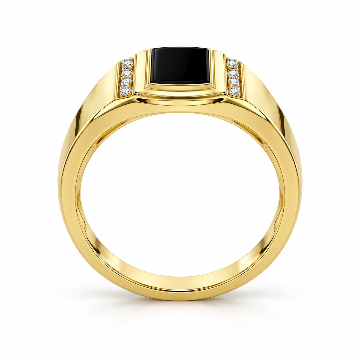 Rectangular Black Panel Yellow Gold-Tone Signet Ring with Round Stone Accents