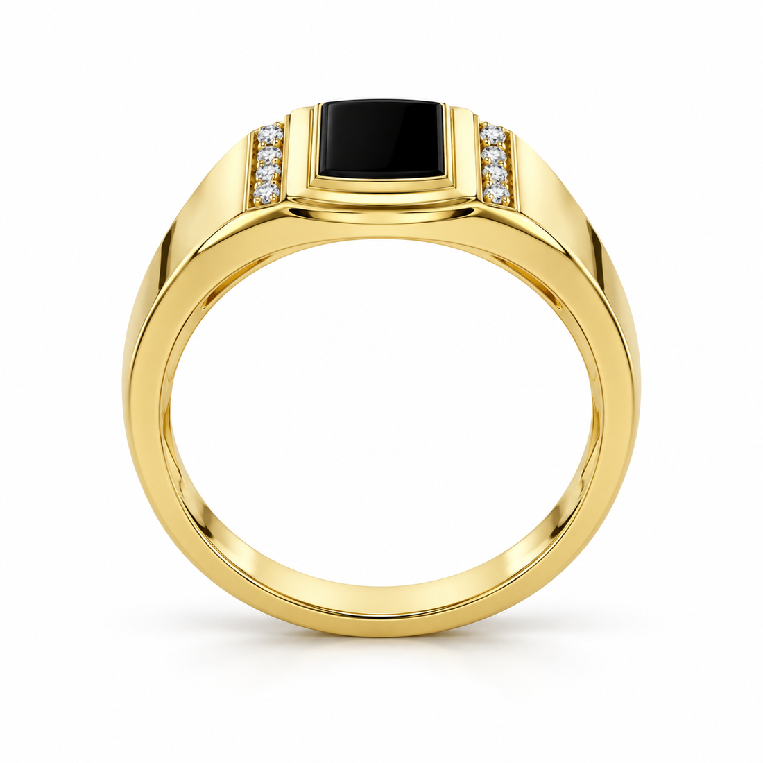 Rectangular Black Panel Yellow Gold-Tone Signet Ring with Round Stone Accents
