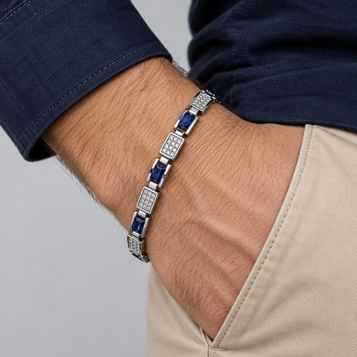 Silver-Tone Blue Rectangular Stone and Pavé Panel Link Bracelet