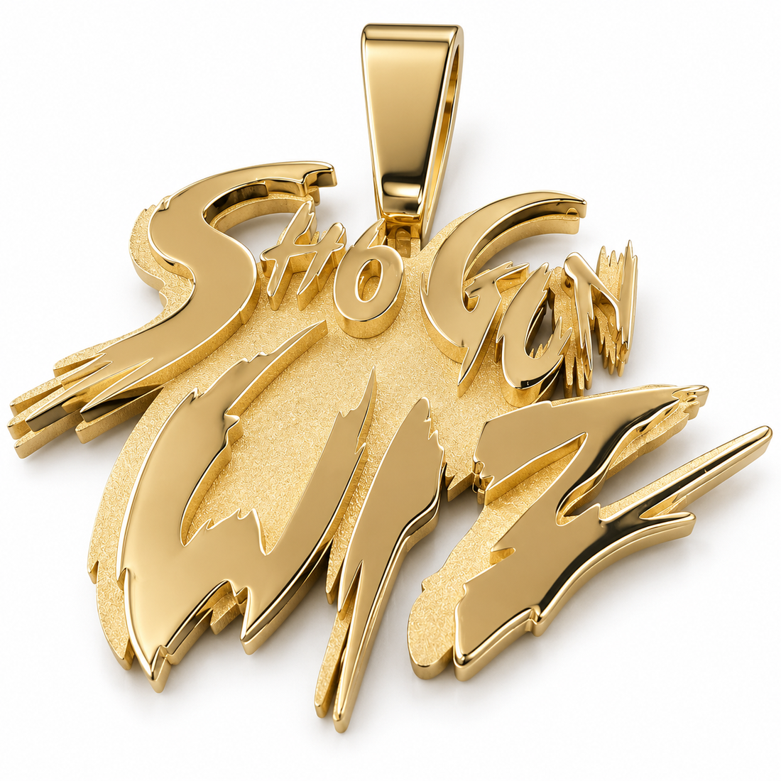 Custom Shotgun Wiz Lettering Pendant – Polished Gold Tone Hip Hop Jewelry