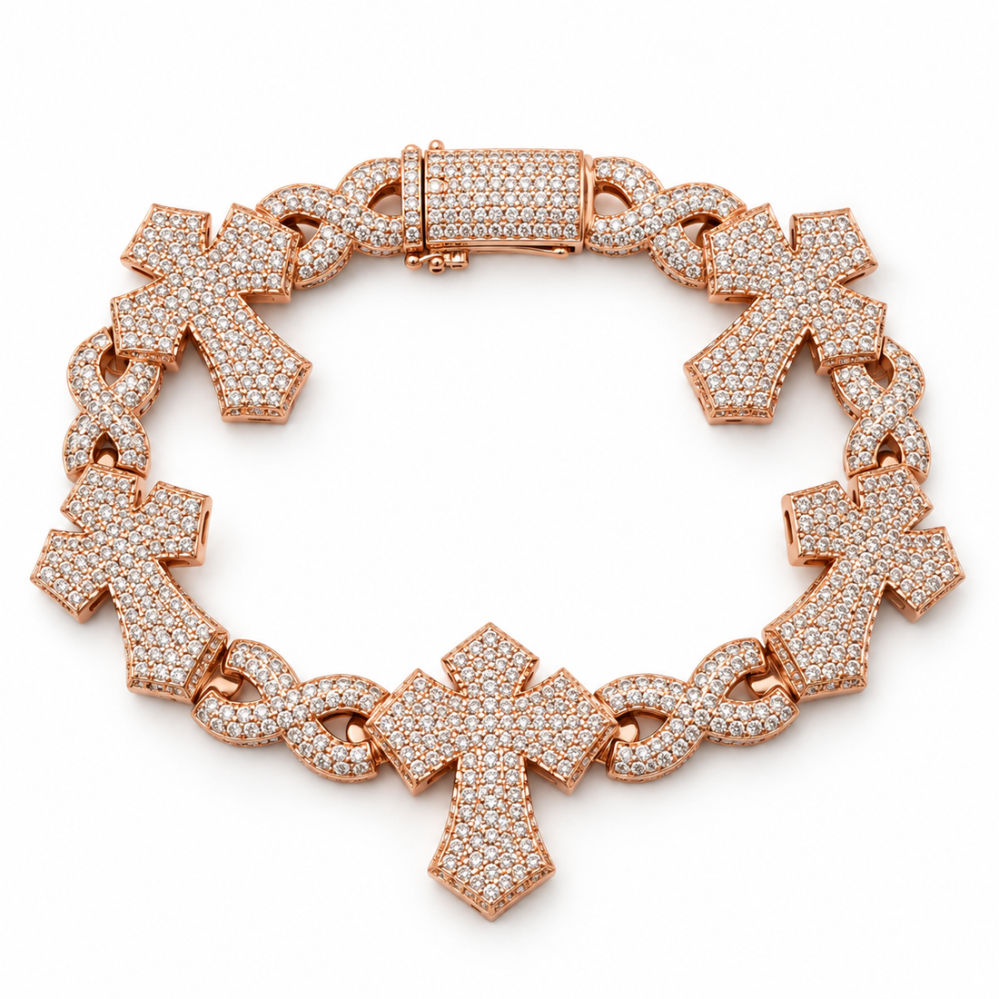 Iced Out Cross & Infinity Link Rose Gold-Tone Bracelet – Custom Hip Hop Jewelry