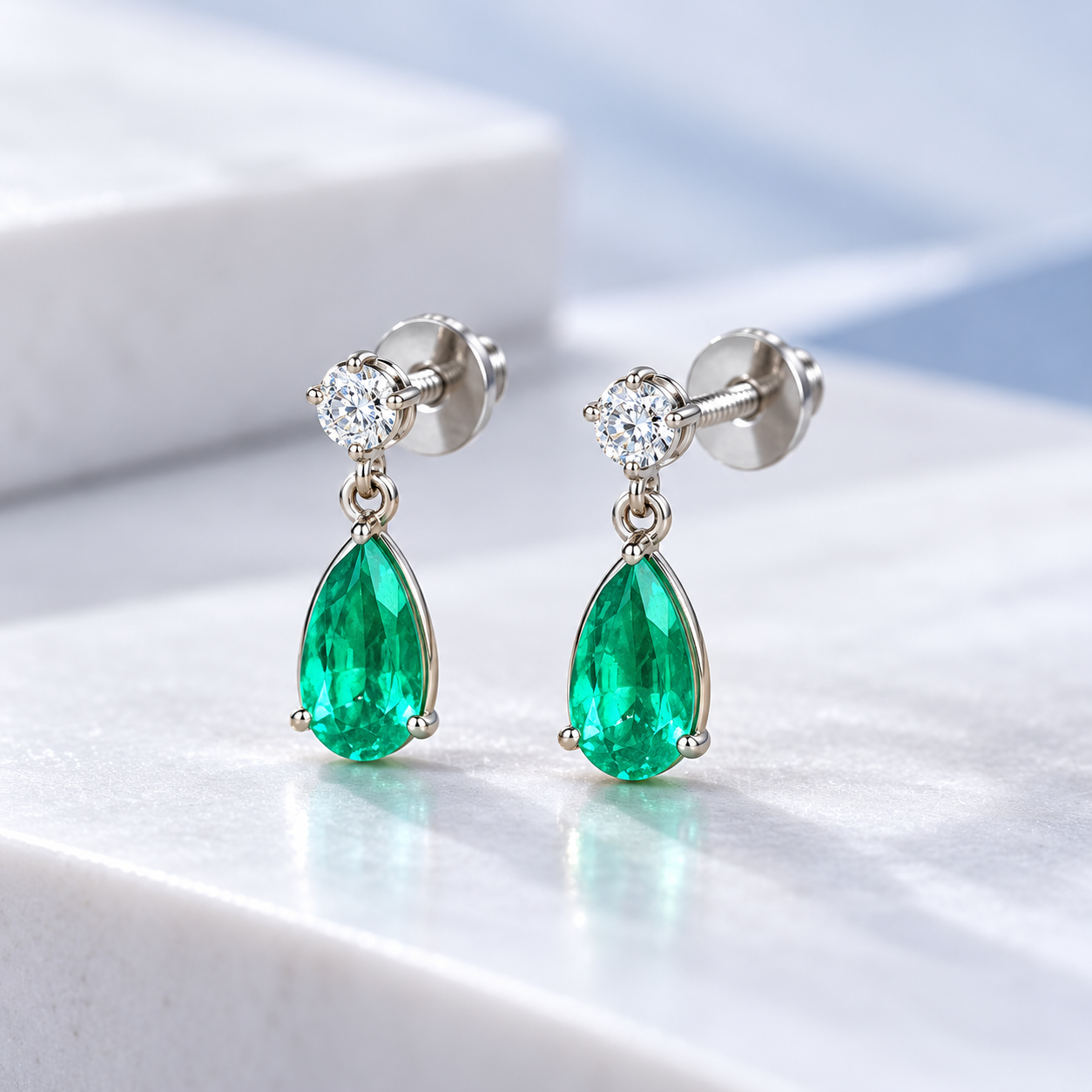 Green Pear & Round Clear Stone Drop Earrings with Screw Backs