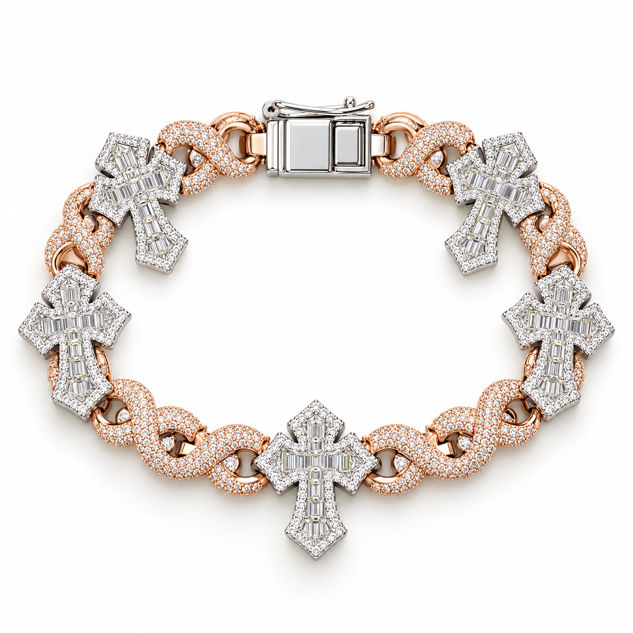 Two Tone Baguette Cross & Infinity Link Bracelet – White and Rose Gold-Tone Iced Out Jewelry