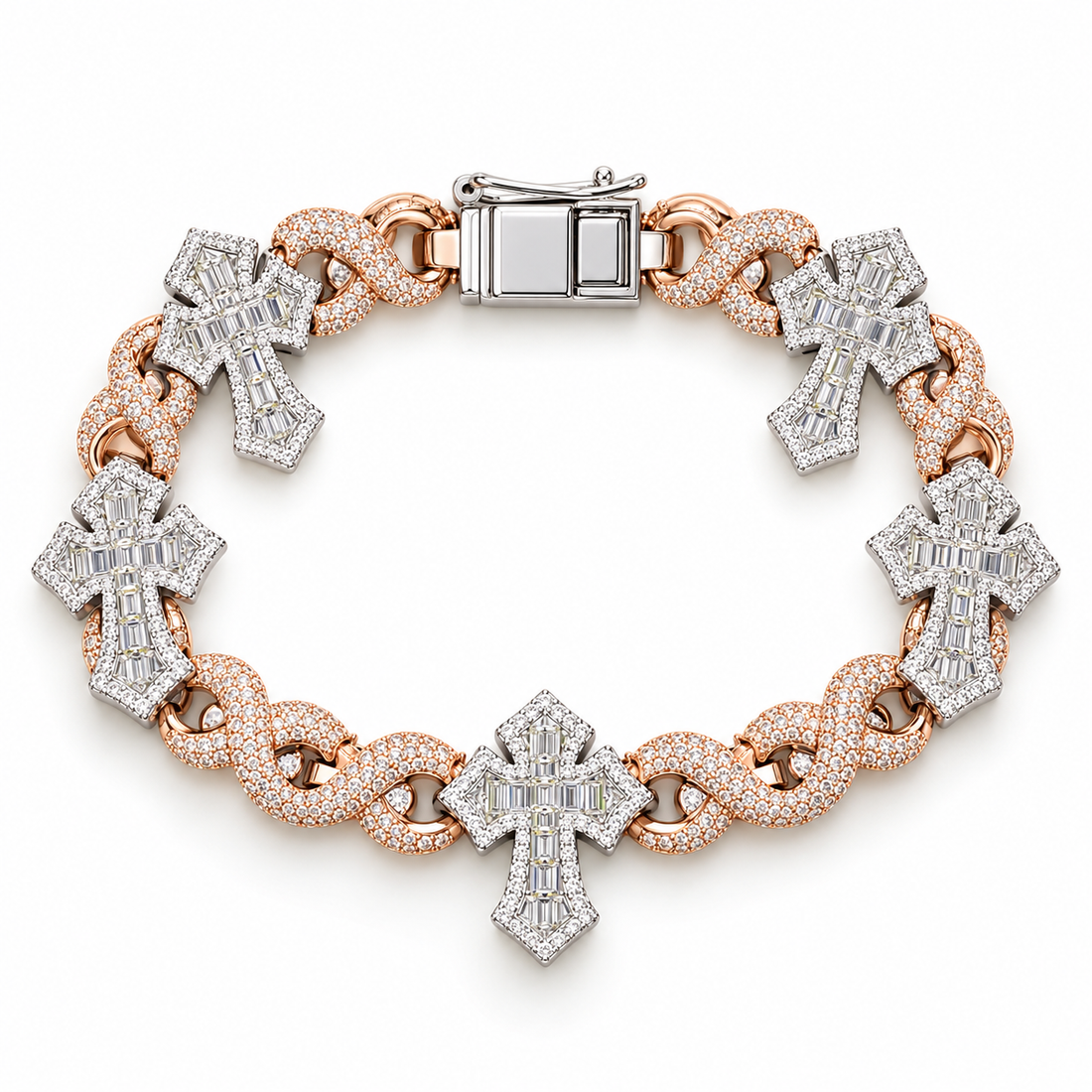 Two Tone Baguette Cross & Infinity Link Bracelet – White and Rose Gold-Tone Iced Out Jewelry