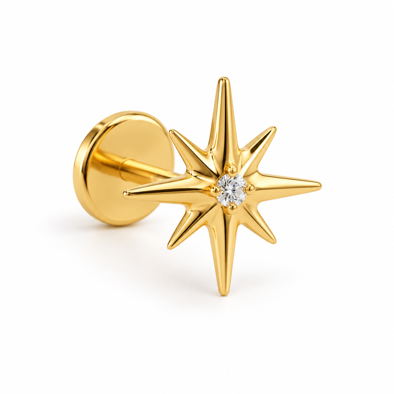 Men’s Eight-Point Star Yellow Gold-Tone Stud Earring with Round Center Stone