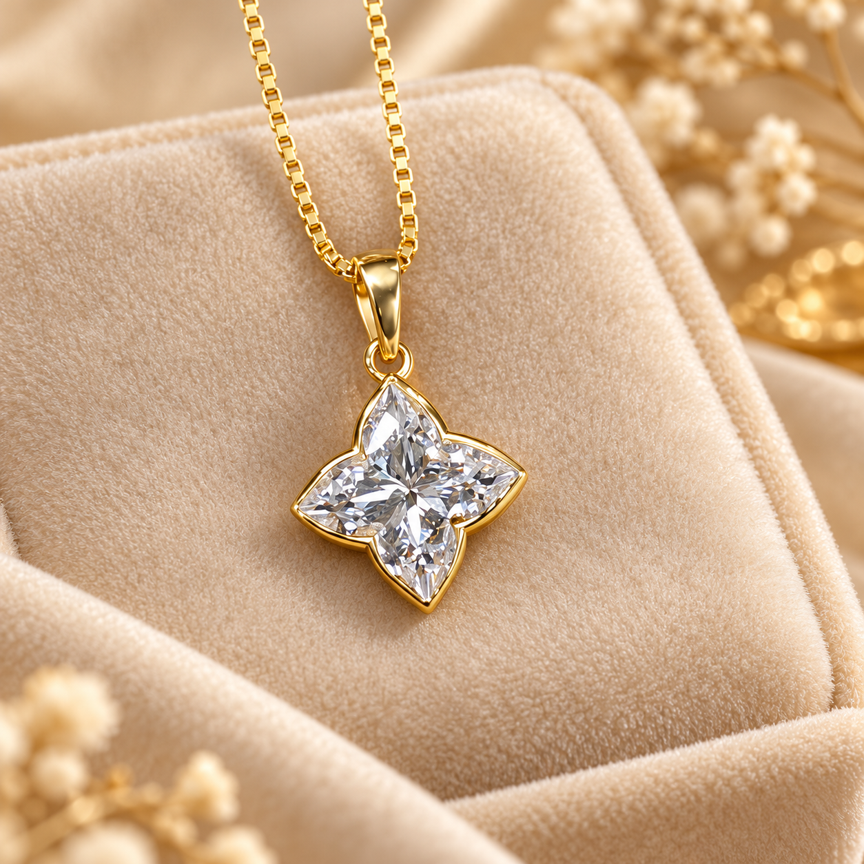 Four Marquise Cut Flower Yellow Gold Pendant Necklace