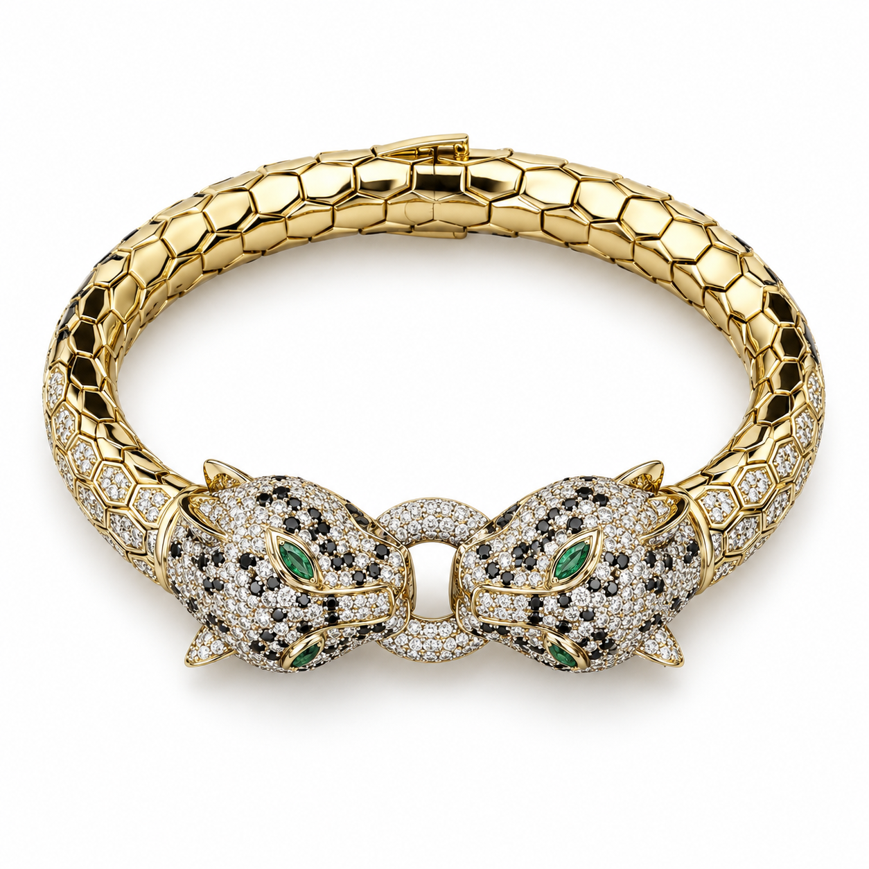 Double Panther Head Yellow Gold-Tone Bracelet with Green Eyes – Custom Iced Out Statement Jewelry