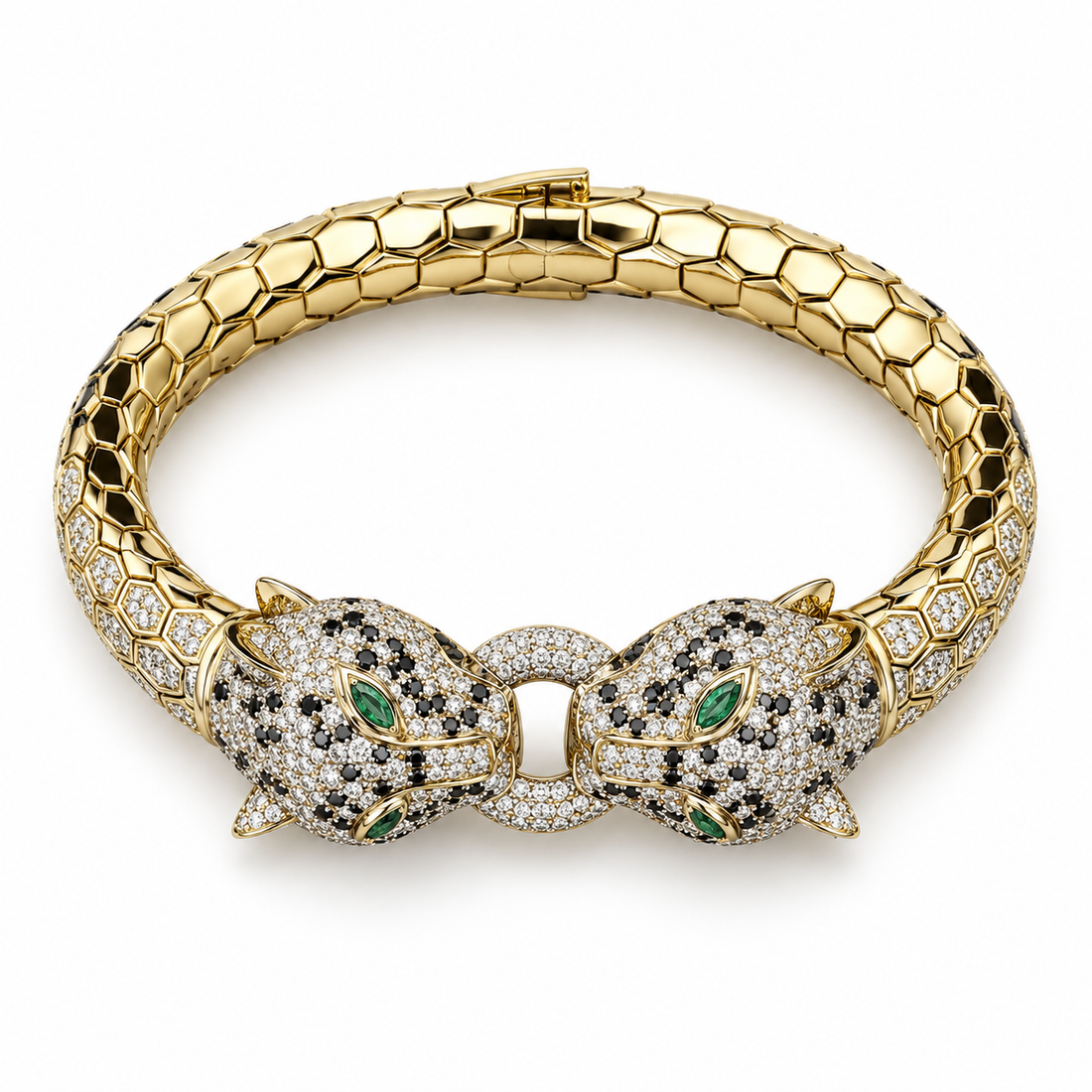 Double Panther Head Yellow Gold-Tone Bracelet with Green Eyes – Custom Iced Out Statement Jewelry